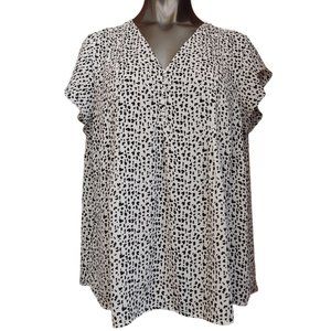 CAROLINA BELLE MONTREAL Womens 1X White Black Polka Dot Cow Print V-Neck Blouse